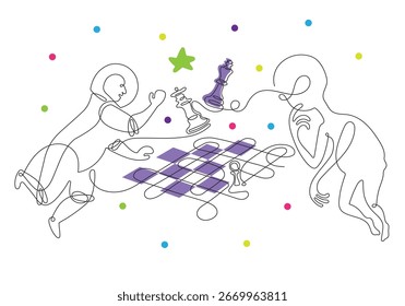 Eine Linienzeichnung eines Astronauten und eines Außerirdischen, der Schach spielt.