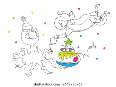 One line drawing of an astronaut and an alien celebrating a birthday