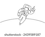 One line drawing of Astronaut discovering spacewalk. Hand drawn people on outer space.