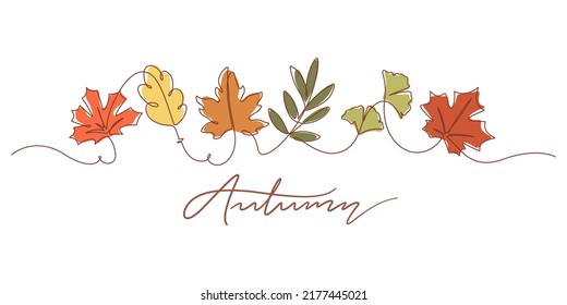 One line drawing of autumn leaf. Autumn script font and leaves isolated on white background vector illustration. 