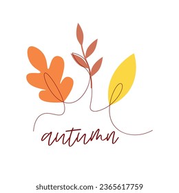 One line drawing of autumn leaf. Autumn script font and leaves isolated on white background vector illustration.