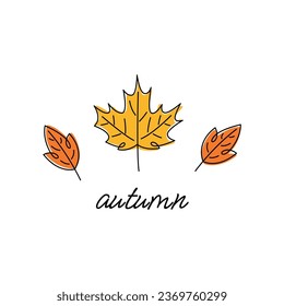 Un dibujo de la hoja de otoño. Fuente del guión de otoño y deja aislado en la ilustración del vector de fondo blanco.