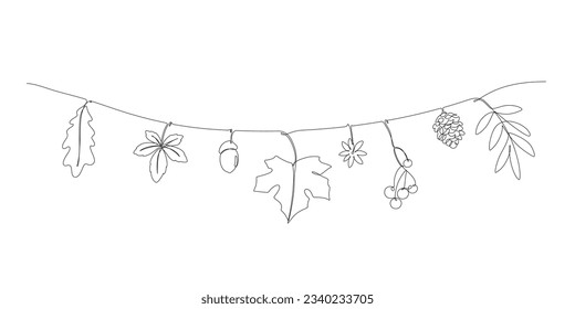 one line drawing of autumn leaves hello autumn concept minimalist wall decorated rope string hanging