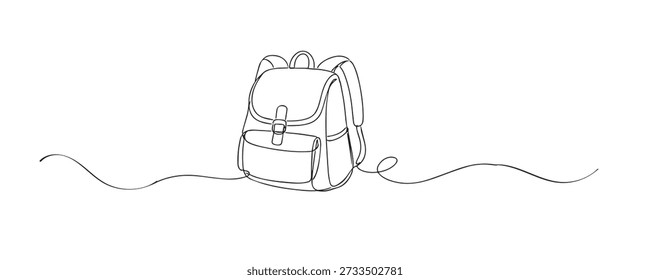 One line drawing of a backpack representing school life, travel.Hand drawn continuous line expressing education and adventure.