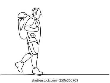 One Line Drawing of a Backpacker Hiking. Continuous Line Art of a Traveler Carrying a Bag. Outdoor Adventure Sport Concept Illustration.