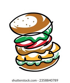 Einzeilenzeichnung von Bacon Burger
Eine durchgehende Zeichnung des Hamburgers.