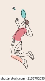 One line drawing of badminton player jump and smash the shuttlecock.