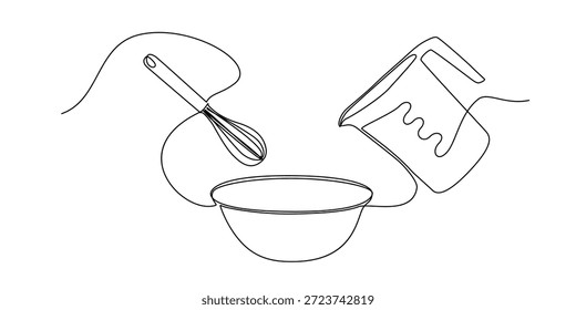 Un dibujo de línea de herramientas para hornear como batidor, tazón de mezcla, taza medidora. Símbolo minimalista de aficionado a la repostería, pasión por la cocina, amor por la repostería casera.
