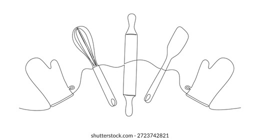 Un dibujo de línea de herramientas para hornear como rodillo, batidor y espátula de goma y guantes de horno. Símbolo minimalista de aficionado a la repostería, pasión por la cocina, amor por la repostería casera.
