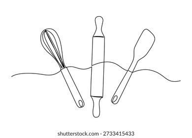 Einzeilige Zeichnung von Backwerkzeugen wie Walzstift, Schneebesen und Gummispachtel. Minimalistisches Symbol des Backhobbyisten, Leidenschaft für das Kochen, Liebe zum hausgemachten Backen.