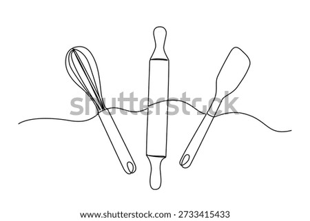 One line drawing of baking tools like rolling pin, whisk, and rubber spatula. Minimalist symbol of baking hobbyist, passion for cooking, love for homemade baking.