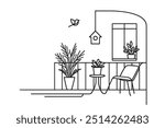 one line drawing of balcony with chair and flowerpot. Single line design vector graphic illustration