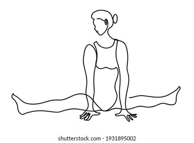 One line drawing of ballerina in a bodysuit sits in a cross twine.
One continuous line drawing of sitting ballerina.