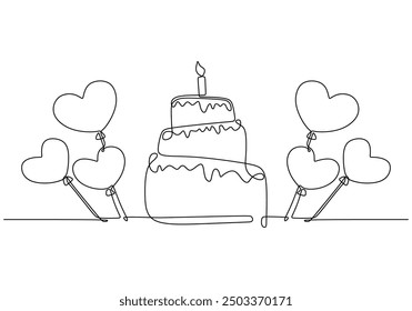 Un dibujo de líneas de globos y pastel. Ilustración minimalista para un aniversario o celebración de cumpleaños.