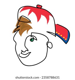 One line drawing of baseball cap turned backwards
One continuous line drawing of young boy with his baseball cap turned backwards
