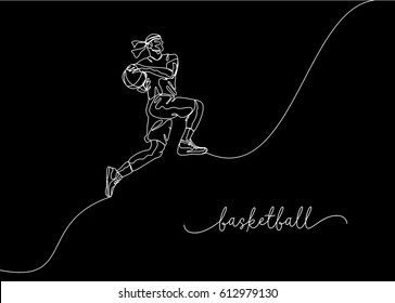 One Line Drawing of Basketball Player with black background