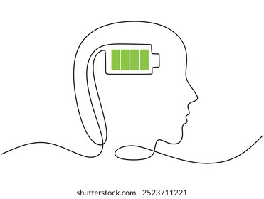 Desenho de uma linha de um símbolo de bateria dentro de uma cabeça. Representação minimalista de energia e capacidade mental. Ilustração vetorial.