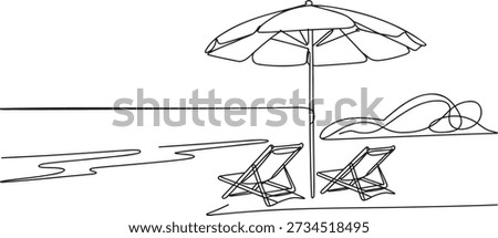 One line drawing of beach landscape featuring sun umbrella with two deck chairs and sea waves summer travel illustration minimalist tropical resort scenery continuous line art vector design