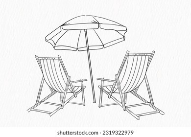 Dibujo de una línea de la sombrilla de la playa y una silla con ambiente de verano 