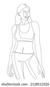 One line drawing of beautiful sportswoman in gym suit. Line art of young fitness woman standing.