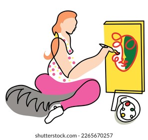 Un dibujo de una hermosa y talentosa artista mujer pintando sobre lienzo en casa.
Un contínuo dibujo de línea de hobby, consecuencias de actividad de estilo de vida.