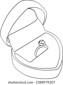 Dibujo de una línea de un hermoso anillo de boda en un icono de caja en silueta sobre un fondo blanco. Linear estilizado.