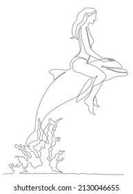 One line drawing of beautiful young woman in swimsuit riding dolphin who jumps out of sea water.