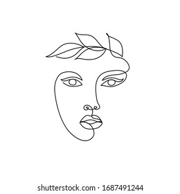 One Line drawing of beauty woman face with leaves. Continuous line. Head in a laurel wreath. Abstract minimal face. Vector illustration. Logo for organic cosmetics, beauty salon, spa 