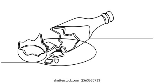 One line drawing of beer bottles were smashed at the end of the table until they broke into pieces. Stop and say no to alcohol campaign. Dry January, Broken beer glass bottle continuous one line.