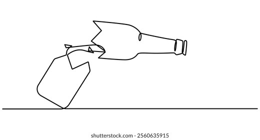 One line drawing of beer bottles were smashed at the end of the table until they broke into pieces. Stop and say no to alcohol campaign. Dry January, Broken beer glass bottle continuous one line.