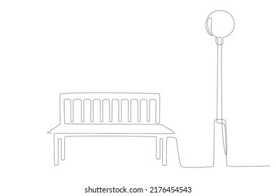 One line drawing of Bench and lantern in park. Hand draw Line art style. Continuous line minimalism style drawing. Wooden outdoor furniture for relax. Single line illustration. Doodle vector