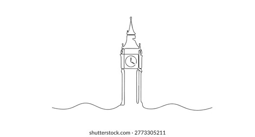 One line drawing of Big Ben clock tower. Continuous line of iconic London landmark. Historical architecture concept. Modern minimalist style. single line art vector illustration.