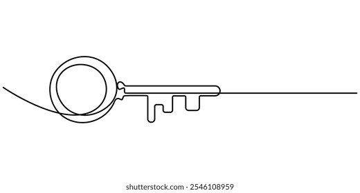 One line drawing of big key isolated on white background, Renting and Buying Property Continuous Line Editable Icon, continuous line drawing of key vector illustration one line style, Continuous one.