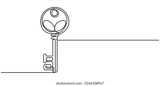 One line drawing of big key isolated on white background, Renting and Buying Property Continuous Line Editable Icon, continuous line drawing of key vector illustration one line style, Continuous one.