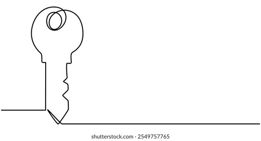  One line drawing of big key isolated on white background. continuous line drawing of key vector illustration one line style, Security concept continuous line art. Editable outline. Vector minimalist