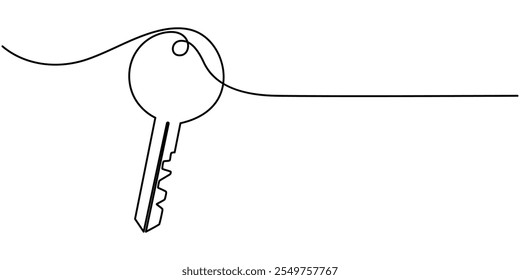  One line drawing of big key isolated on white background. continuous line drawing of key vector illustration one line style, Security concept continuous line art. Editable outline. Vector minimalist