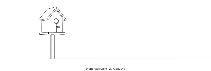 One line drawing of a bird nesting box on a stick with copy space on the right
