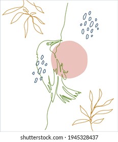 One line drawing of bird (starling) on tree continuous lineart design. Vector illustration for posters, designs.
