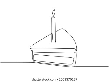 One line drawing of a birthday cake with candles. Minimalist continuous line illustration for holiday gifts.