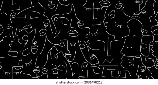 Dibujo de una línea. Patrón sin fisuras en blanco y negro. Vector Arte mínimo moderno. Fondo de contorno gráfico. Dibujo continuo de líneas. Diseño lineal de caras de hombre y mujer. La belleza de la impresión moderna.