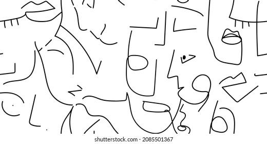 One line drawing. Black and white face seamless pattern. Vector Modern minimal art. Graphics contour background. Continuous line drawing. Linear design woman and man faces. Beauty modern print.