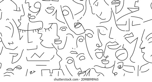 One line drawing. Black and white face seamless pattern. Vector Modern minimal art. Graphics contour background. Continuous line drawing. Linear design woman and man faces. Beauty modern print.