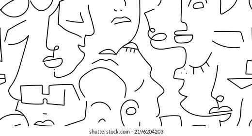 One line drawing. Black and white face seamless pattern. Vector Modern minimal art. Graphics contour background. Continuous line drawing. Linear design woman and man faces. Beauty modern print.