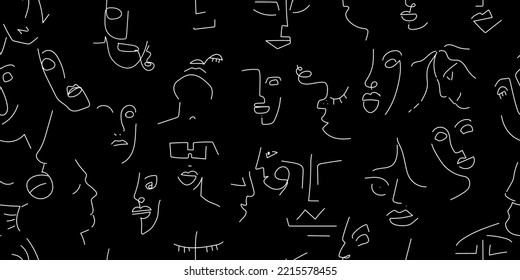 One line drawing. Black and white face seamless pattern. Vector Modern minimal art. Graphics contour background. Continuous line drawing. Linear design woman and man faces. Beauty modern print.