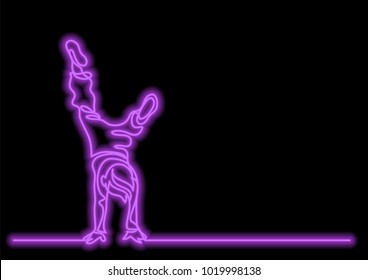 one line drawing of boy standing on his hands with neon vector effect