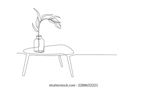 One line drawing of branch, flower in vase on table with place for text. Continuous line handdrawn of furniture and flower, plant in pot. Minimalist Vector color illustration of plant. Editable stroke