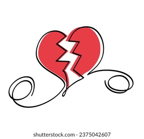 One line drawing of broken heart and wedding rings.
One continuous line drawing of divorce concept.