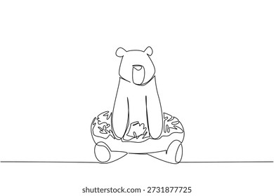 Un dibujo de línea de oso marrón muestra un gran animal lindo sentado dentro de una rosquilla vidriada para un concepto de postre elegante. Diseño único con grizzly para un tema del día internacional de la comida en el arte de estilo minimalista
