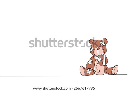 One line drawing of a brown teddy bear with multiple bandages, symbolizing wounded childhood and innocence, as a psychology concept for International Day of Innocent Children Victims of Aggression.