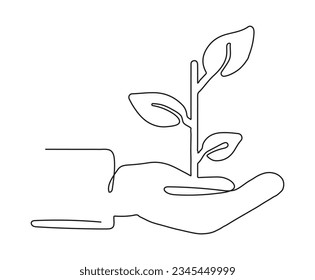 One line drawing of bud in hand. Continuously growing plant in a row in the palm. Hand-drawn illustration. Vector.